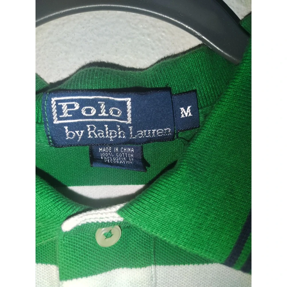Polo Ralph Lauren Mens Green White Striped Short Sleeve Polo Shirt Orange Pony M